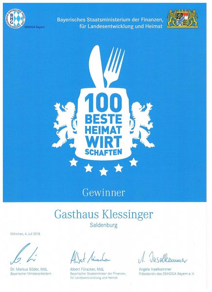 100 beste Heimatwirtschaften - Gewinner Gashaus Klessinger